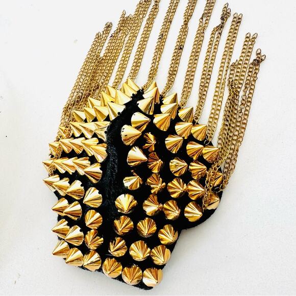 NEW Black Gold Felt Studded Chain Shoulder Pad Brooch Clip Pin Epaulet Jewelry - Picture 4 of 7